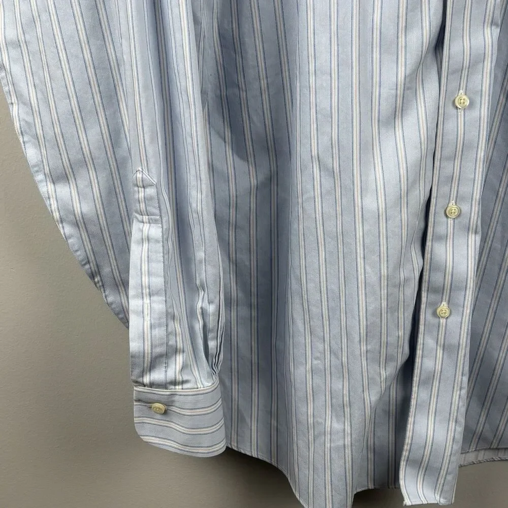 Brooks Brothers Men 17-6/7 Light Blue Striped Dress Shirt Slim Supima Cotton